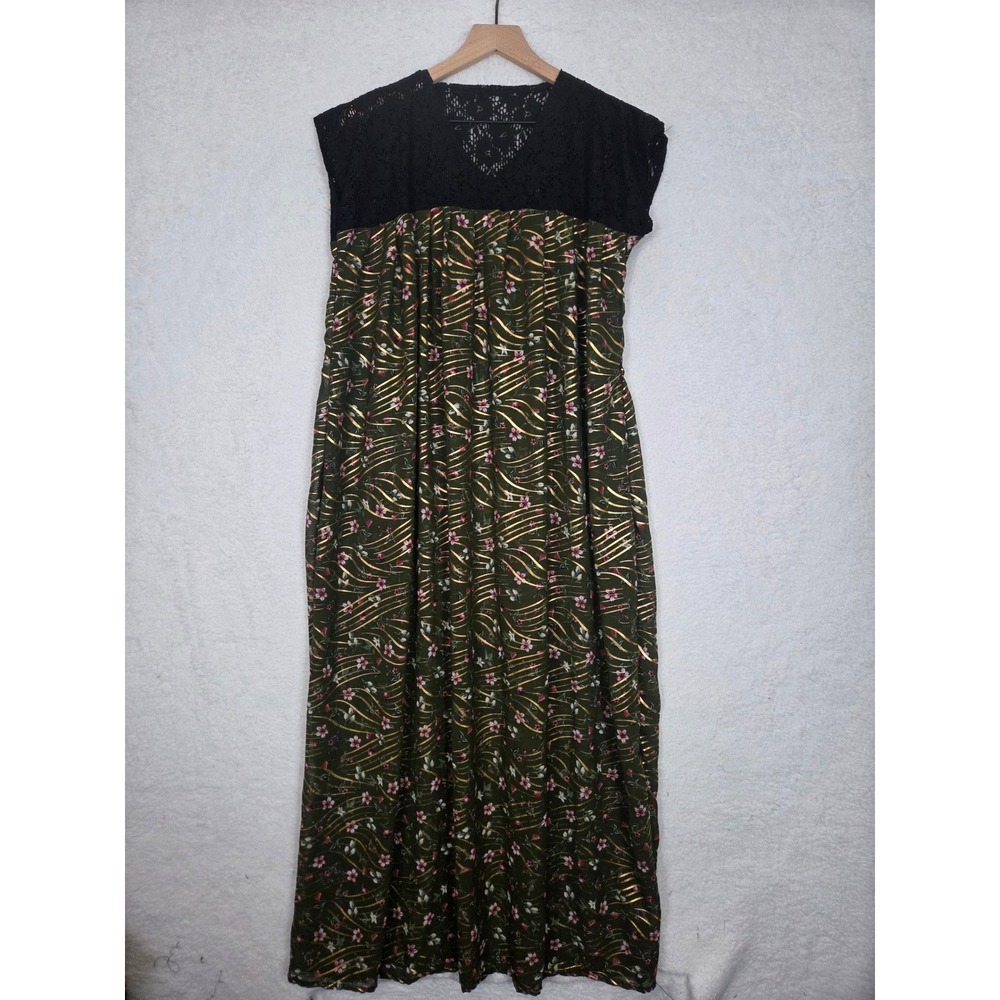 Womens Crochet Lace Eyelet Sheer Olive Green Floral Gold Metallic Stripe Maxi